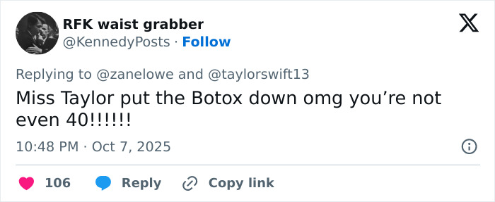Screenshot of a tweet calling out cosmetic procedures on Taylor Swift after a viral interview about morphing into MAGA. Screenshot of a tweet calling out cosmetic procedures on Taylor Swift after a viral interview about morphing into MAGA.