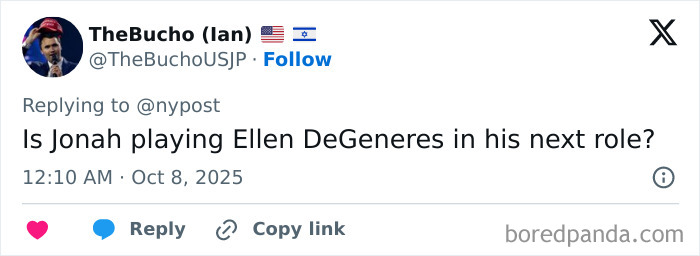 Screenshot of a tweet asking if Jonah Hill is playing Ellen DeGeneres in his next role, highlighting Jonah Hill transformation discussion.