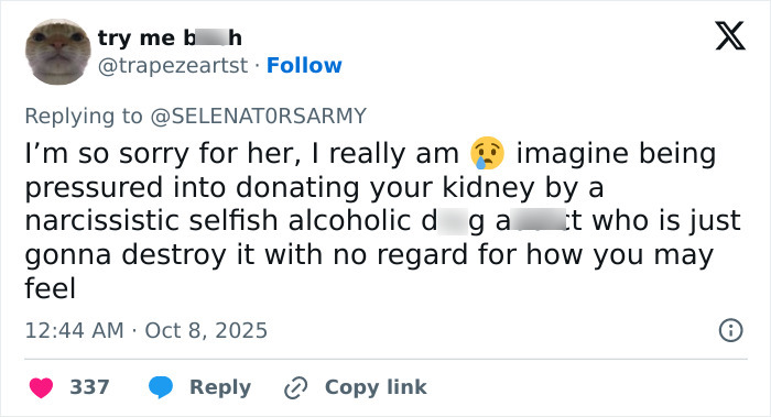 Screenshot of a tweet expressing sympathy for Selena Gomez’s kidney donor amid wedding snub claims. Screenshot of a tweet expressing sympathy for Selena Gomez’s kidney donor amid wedding snub claims.