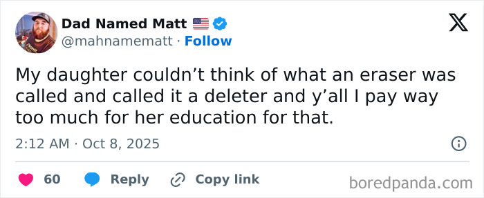 Tweet from a parent humorously sharing a child's funny mistake about an eraser, highlighting relatable parenting moments on X.