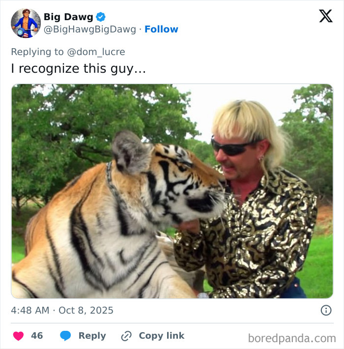 Man with blonde mullet and sunglasses next to a tiger outdoors, illustrating Jonah Hill major transformation concept.