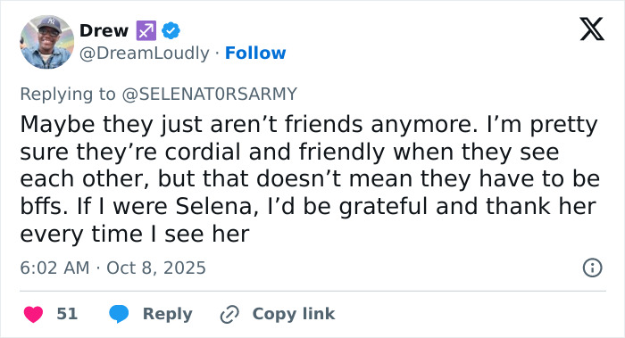 Tweet from user Drew expressing thoughts on Selena Gomez’s relationship with her kidney donor amid wedding snub claims. Tweet from user Drew expressing thoughts on Selena Gomez’s relationship with her kidney donor amid wedding snub claims.