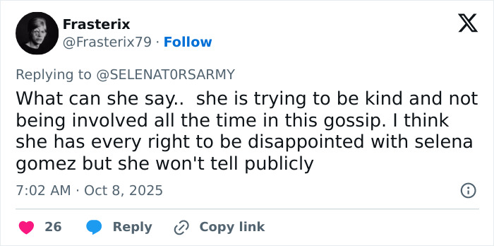 Tweet discussing Selena Gomez's kidney donor addressing claims about being snubbed from the wedding amid gossip. Tweet discussing Selena Gomez's kidney donor addressing claims about being snubbed from the wedding amid gossip.