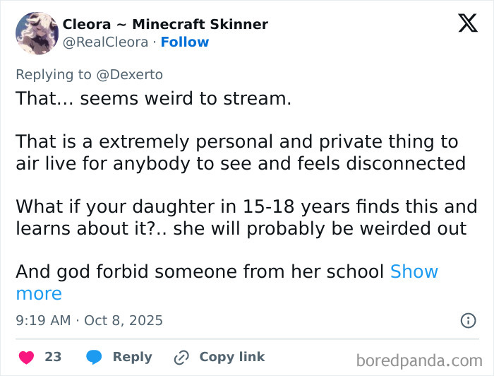 Tweet discussing concerns over a woman giving birth on Twitch livestream sparking a heated debate about privacy.