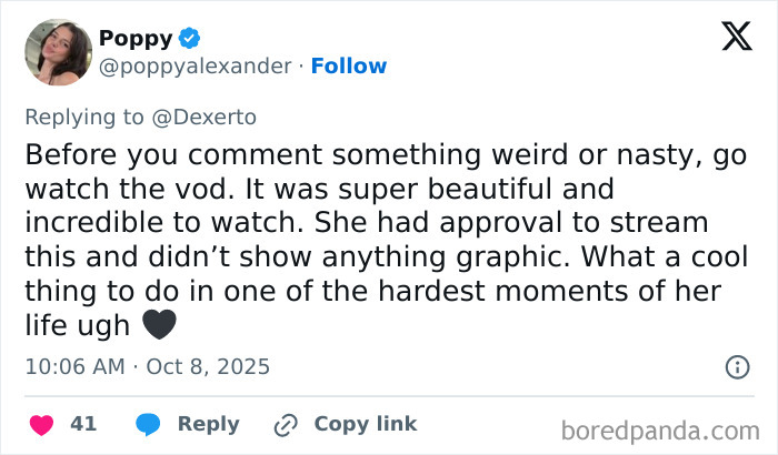 User profile photo of a woman commenting on a woman giving birth on Twitch livestream sparking heated debate.