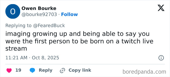 Tweet discussing the unique experience of being born during a woman giving birth on Twitch livestream sparking debate.