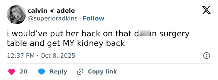 Tweet from user calvin adele expressing frustration about getting their kidney back in relation to Selena Gomez's kidney donor and wedding drama.