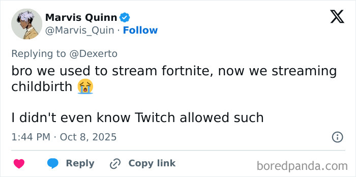 Tweet discussing Twitch livestream of woman giving birth, highlighting surprise and debate about streaming childbirth content.