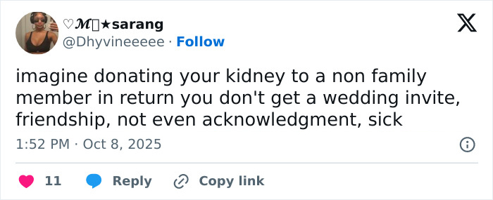 Tweet discussing suspicion around Selena Gomez's kidney donor and lack of acknowledgment amid wedding drama.