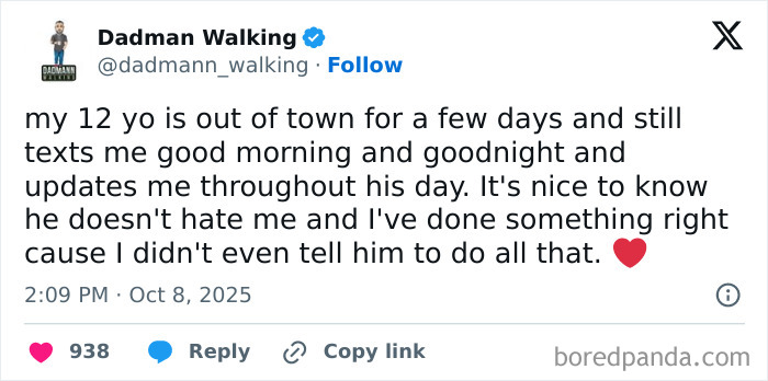 Tweet from a parent humorously sharing daily texts from their 12-year-old child while highlighting funny parenting moments on X.