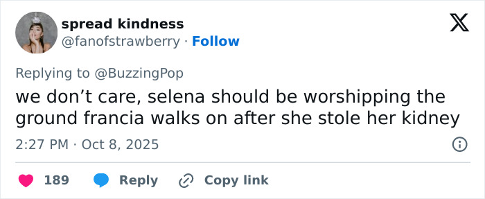Tweet about fans suspicious of Selena Gomez's kidney donor amid wedding drama, expressing strong opinions.