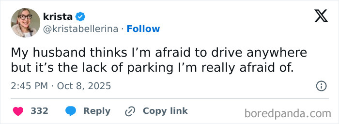 Tweet by user Krista humorously explaining her fear of driving is actually about parking, related to Netflix hilarious October tweets.