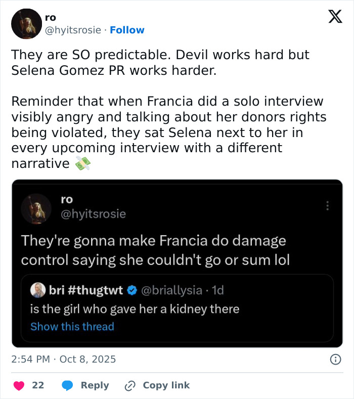 Screenshot of a social media post discussing fans being suspicious of Selena Gomez's kidney donor amid wedding drama.