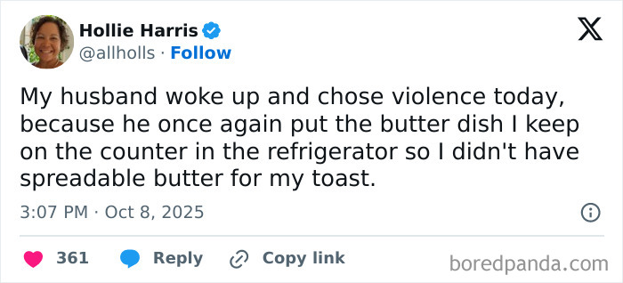 Tweet about husband putting butter dish in refrigerator, shared in a humorous October tweet collection on Netflix comment section.