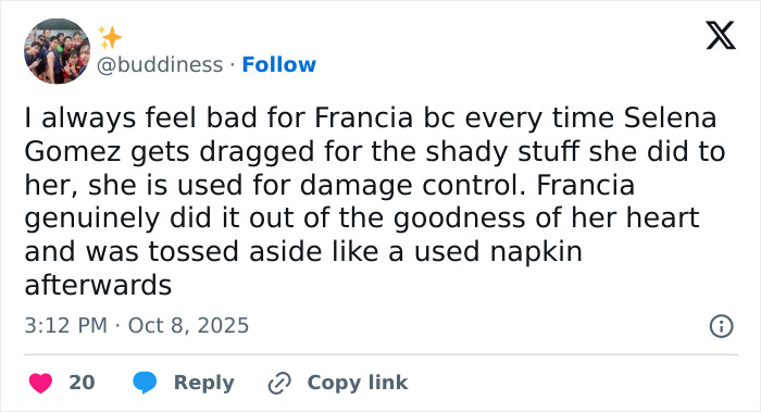 Tweet expressing sympathy for Francia amid Selena Gomez kidney donor drama and fans' suspicious reactions.