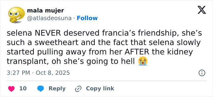 Tweet discussing fans suspicious of Selena Gomez's kidney donor and friendship issues after transplant amid wedding drama.