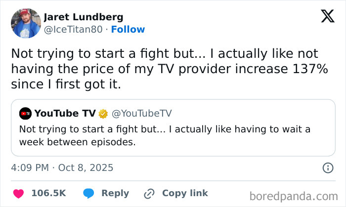 Tweet about Netflix with humorous comments on TV provider prices and episode wait times in October 2025.