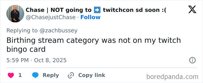 Tweet discussing a birthing stream on Twitch, highlighting controversy around a woman giving birth on livestream.