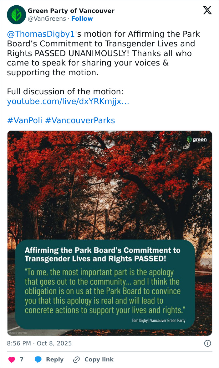 Tweet from Green Party of Vancouver about Park Board's commitment and apology to transgender community with autumn trees background.