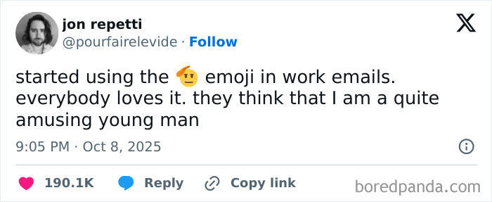 Screenshot of a humorous tweet about using the smirking emoji in work emails, showcasing Netflix gotta add a comment section.
