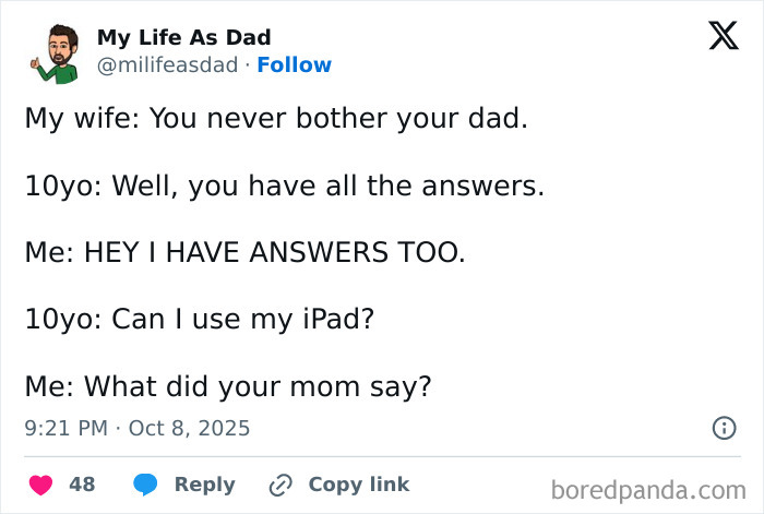 Tweet from a parent humorously sharing a conversation with their 10-year-old about having answers and using an iPad.