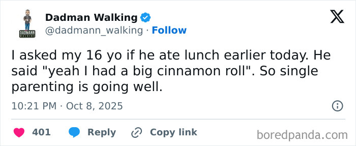 Parent's funny tweet about single parenting struggles shared on X, highlighting a humorous moment with their teenage child.