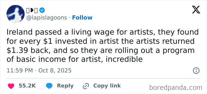 Tweet about Ireland passing a living wage for artists and introducing basic income, highlighting dystopic societal trends.