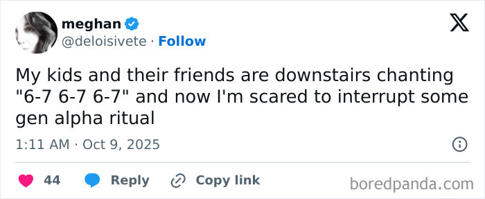 Tweet from a parent humorously describing their kids chanting a gen alpha ritual, reflecting funny moments from parents in October.