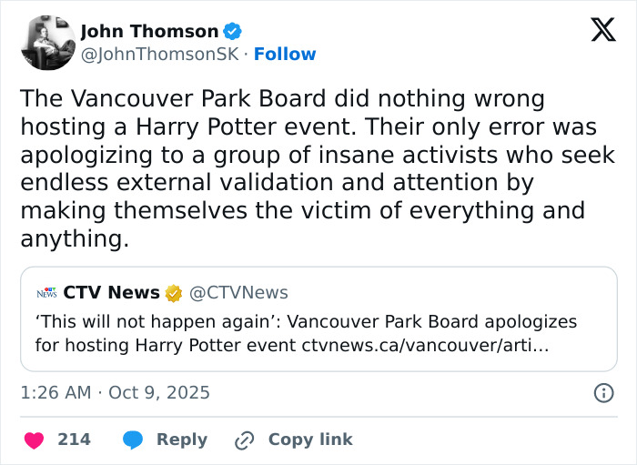 Tweet mocking Harry Potter event organizers for apologizing to transgender community, highlighting controversy and backlash online.