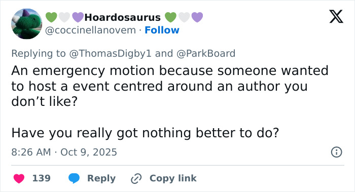 Twitter user replying to a Harry Potter event controversy, referencing J.K. Rowling and transgender community apology.