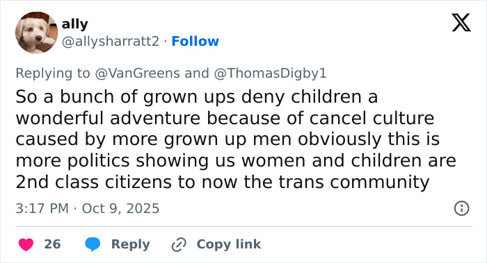 Tweet criticizing cancel culture and politics affecting children&rsquo;s access to Harry Potter, referencing transgender community issues.