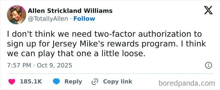 Tweet by Allen Strickland Williams joking about two-factor authorization for Jersey Mike's rewards program on a Netflix comedic comment thread.