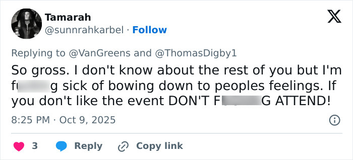 Screenshot of a Twitter reply criticizing event organizers, related to J.K. Rowling and Harry Potter transgender apology controversy.
