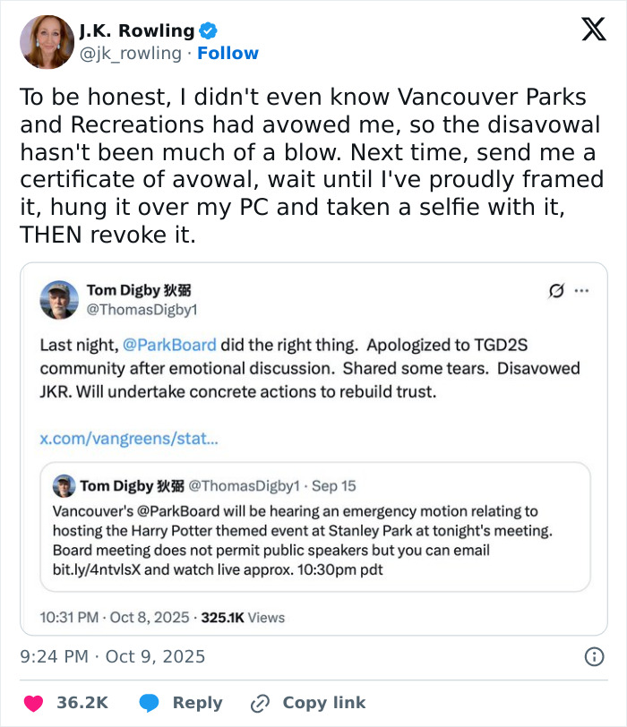 J.K. Rowling mocks Harry Potter event organizers over apology to transgender community in a sarcastic social media post.