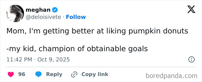 Tweet from a parent humorously sharing their kid’s progress in liking pumpkin donuts during a challenging October.