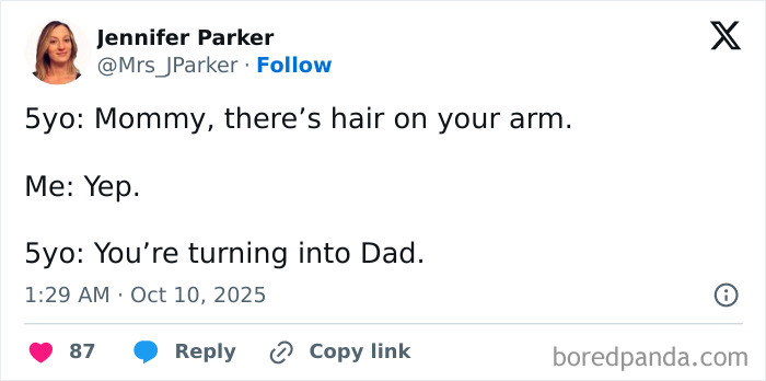 Tweet from a parent sharing a funny conversation with their 5-year-old, illustrating humorous moments of parenting on X.