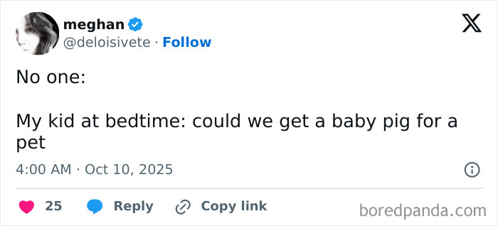 Screenshot of a humorous tweet from a parent on X about a kid asking for a baby pig pet at bedtime.