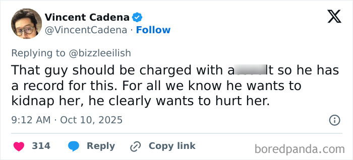 Tweet by Vincent Cadena expressing outrage after a man tries to snatch Billie Eilish at Miami concert, fans furious online.