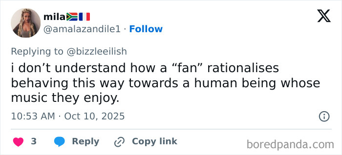 Tweet expressing confusion over fan behavior towards Billie Eilish after a Miami concert incident involving a man trying to snatch her.