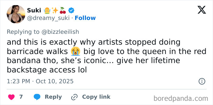 Fan tweet reacting to incident where man tries to snatch Billie Eilish at Miami concert, sparking outrage online.