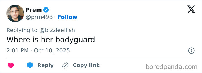 Tweet by user Prem questioning the absence of Billie Eilish&rsquo;s bodyguard during Miami concert incident.
