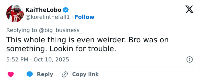 Tweet from KaiTheLobo reacting to Mark Sanchez footage, describing bizarre behavior and trouble before alleged attack incident.