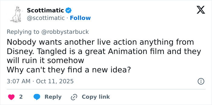 Tweet criticizing Disney's live action reboot plans, expressing frustration over casting and lack of new ideas. Tweet criticizing Disney's live action reboot plans, expressing frustration over casting and lack of new ideas.