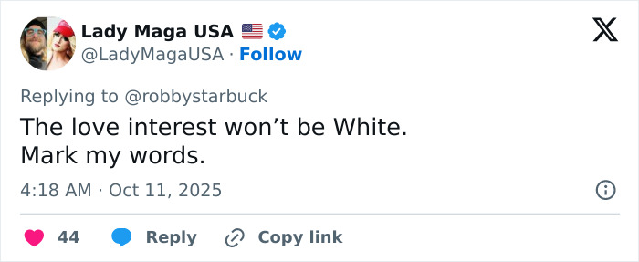 Screenshot of a tweet reacting to Disney casting a white actress in reboot, sparking DEI-related discussions online. Screenshot of a tweet reacting to Disney casting a white actress in reboot, sparking DEI-related discussions online.