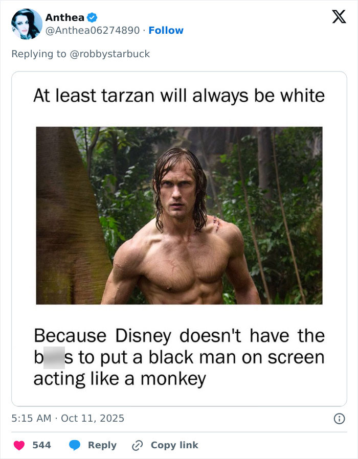 Tweet showing a white Tarzan with a controversial comment on Disney casting and diversity inclusion backlash. Tweet showing a white Tarzan with a controversial comment on Disney casting and diversity inclusion backlash.