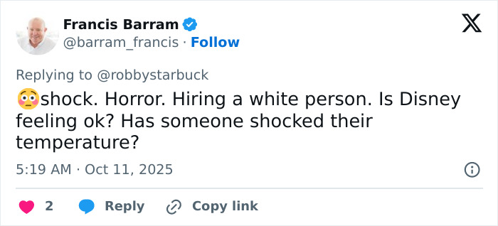 Screenshot of a tweet expressing shock and horror over Disney hiring a white actress in reboot, sparking DEI criticism. Screenshot of a tweet expressing shock and horror over Disney hiring a white actress in reboot, sparking DEI criticism.