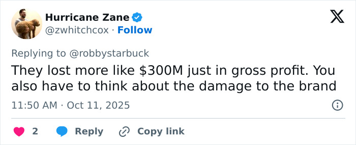 Tweet from Hurricane Zane discussing Disney's loss of $300M in gross profit and brand damage after casting controversy. Tweet from Hurricane Zane discussing Disney's loss of $300M in gross profit and brand damage after casting controversy.