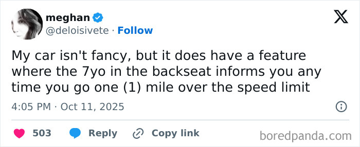 Tweet from a parent humorously describing a child’s feature of alerting when exceeding the speed limit on X.