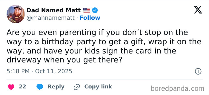 Screenshot of a humorous tweet by a dad about parenting struggles, highlighting funny parent moments on X in October.