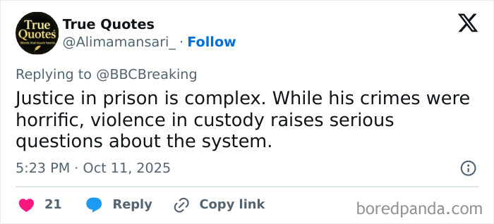 Tweet discussing the complexities of justice and violence in custody involving a rock star fatally attacked in prison.